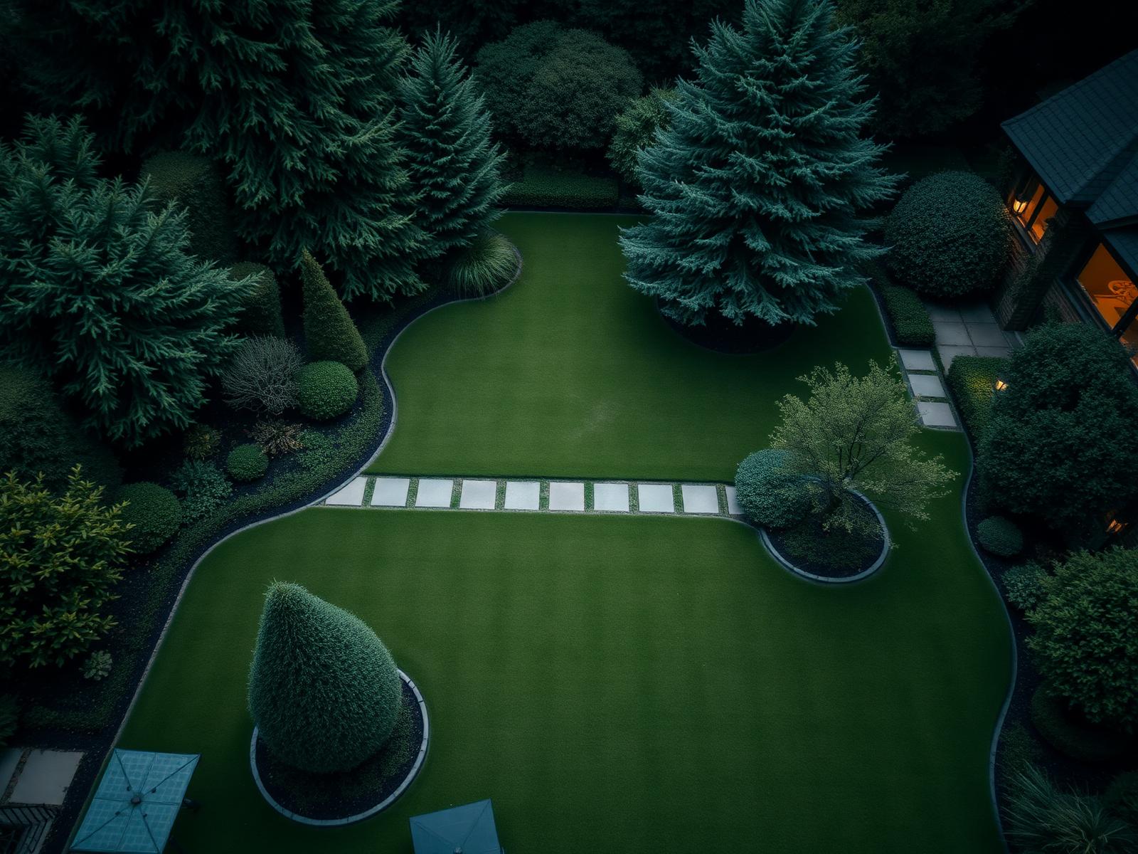 Aerial view of a professionally landscaped UK garden
